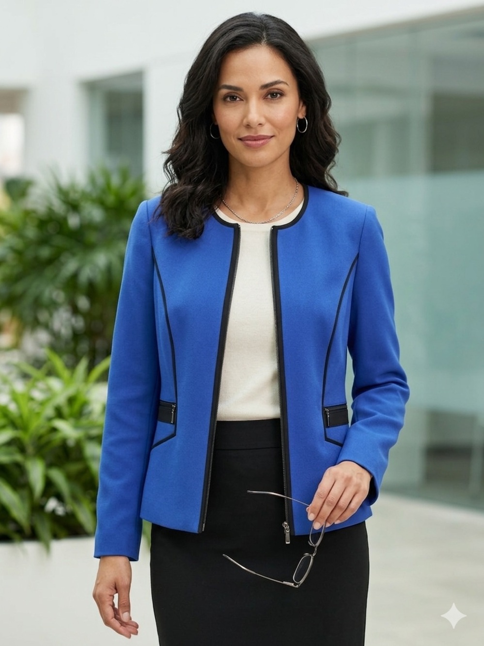 Kasper Blue Zip-Front Blazer with Black Trim